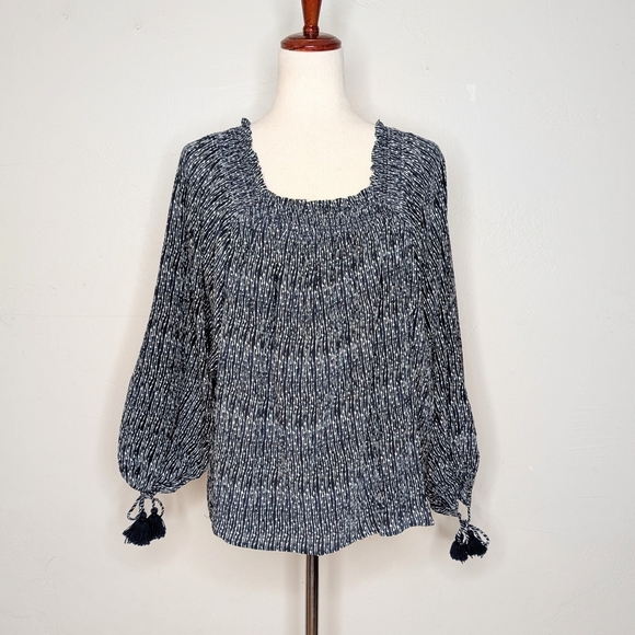 APIECE APART Silk Blue & White Printed Glorieta Top with Tassel Tie Sleeves SZ 4 - Picture 7 of 10